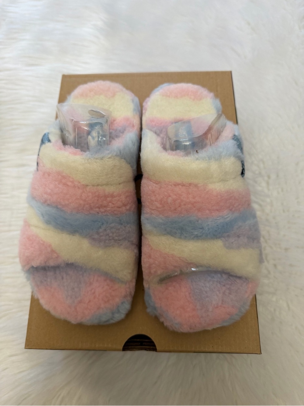 UGG Fluff You Cali Collage Plush Pastel Stripe Slippers Sz 5